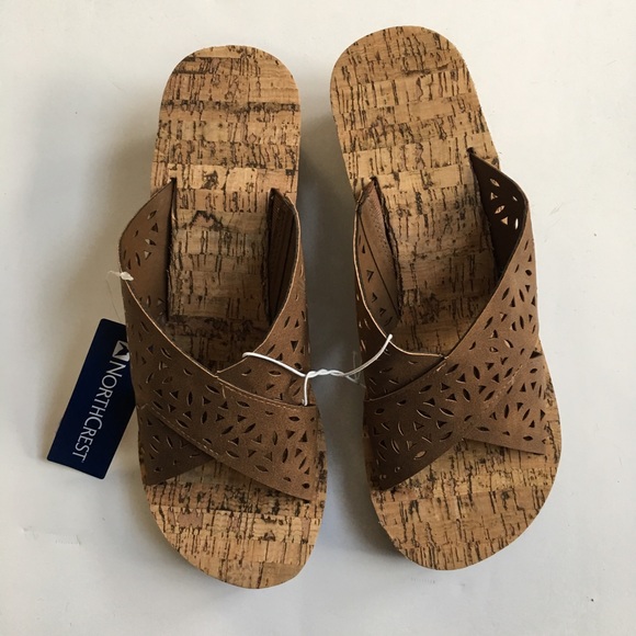 NorthCrest Brown Wedge Lasercut Sandals New - Picture 3 of 4